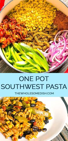 one pot southwest pasta with beans, onions and green beans in it on a white plate