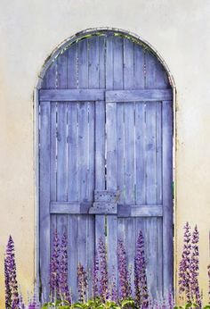 a painting of an open blue door surrounded by purple flowers