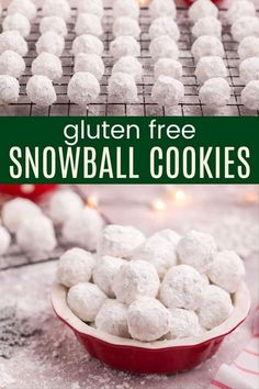 gluten free snowball cookies in a red bowl on top of a table