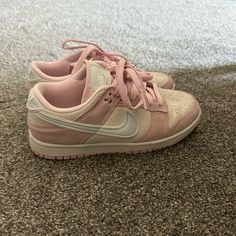 These Are The Cutest Dunks Ever!! I Have Only Worn Them A Few Times They Are Still In Great Condition, I Just Don’t Wear Them Enough Anymore!! Pink Round Toe Skate Shoes With Laces, Pink Skate Shoes For Streetwear, Pink Lace-up Skate Shoes With Gum Sole, Pink Skate Shoes With Gum Sole For Spring, Pink Skate Shoes With Gum Sole And Round Toe, Casual Pink Nike Skate Shoes, Dunk Low Pink Foam, Nike Brown, Nike Sneakers Women