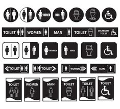 black and white restroom signs with men and women symbols on them, all in different shapes and sizes