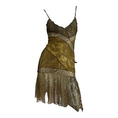 VERSACE ATELIER Runway Gold Lace Mini Dress F/W 2002 Collection Italian size 42 - US 6 Silk Gold Metallic Floral Lace Mini Dress, Front and Back Slit, Fully Lined, Side Zip Closure. Measurements: Length - 35 inches max., Bust - 30", Waist - 24/26", Hips - 32/34". Made in Italy New with tag. Vintage Italian Women Style, Gold Fairy Dress, Gold Versace Dress, Vintage Silk Dresses, Lace Dress Runway, Vintage Italian Fashion, Vintage Versace Dress, Unique Mini Dress, Versace Mini Dress