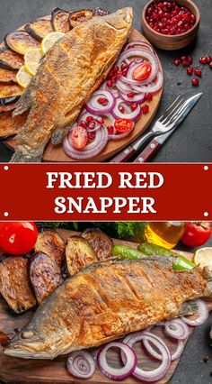 fried red snapper fish on a cutting board with vegetables