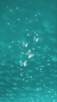 several white butterflies flying in the air above water with stars on it's sides