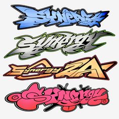 four different types of graffiti written in various colors