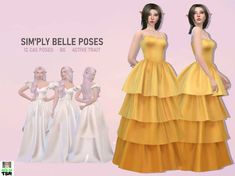 three women in yellow dresses standing next to each other with the caption simply bellie poses