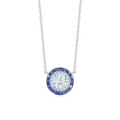 This pendant features a round brilliant diamond bordered by a double frame of diamonds and calibré cut sapphires. Sapphire Necklace Pendants, Designer Diamond Jewellery, Halo Pendant, Sapphire Pendant, Looks Street Style, Sapphire Necklace, Diamond Shop, Shop Engagement Rings, Diamond Fashion