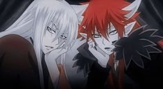 two anime characters one with red hair and the other white, are looking at something