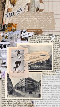 collage of old newspapers with pictures and words