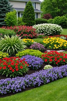 colorful flower garden in front of a house