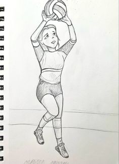 a pencil drawing of a girl holding a basketball in her hands with the ball above her head