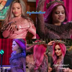 collage of photos of lady with pink hair and tiara on the set of tv show