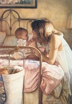 a painting of a mother and her baby in bed