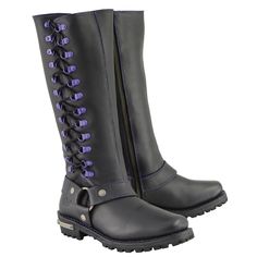 Milwaukee Leather MBL9366 Women's Black 14-inch Leather Harness Boots with Purple Accent LacingFeatures Made of Full Grain Premium 2.2mm Thick Cowhide Waterproof Leather Purple Accent Lacing Classic Harness in a 14-Inch-Tall Height Full Adjustable Lacing Detail Oil and Acid Resistant Outsole Non-Skid and Non-Marking Tread Full Length Lacing with Square Toe Design Welt Construction Inside Side Zipper Entry for Easy on and off Wear Milwaukee Signature Hardware Smart Mask Climate Control Insole Fle Purple Lace-up Leather Boots, Purple Leather Lace-up Boots, Keen Shoes Women's, Mens Riding Boots, Women Leather Vest, Leather Jacket Men Style, Womens Riding Boots, Black Combat Boots, Purple Accents