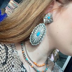 Rita Lee Concho Turquoise Genuine Post Earring - Country Lace Boutique Blue Concho Dangle Earrings, Artisan Turquoise Concho Earrings, New Mexico, Post Earrings, Stamp, Turquoise, Sterling Silver, Lace, Silver