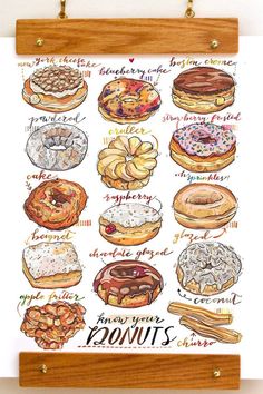 a poster with different types of donuts hanging on a wall next to a wooden frame