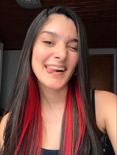 Front Hair Dyed Streaks Red, Red Strands In Hair, Red Underneath Hair, Black Hair With Red Underneath, Black Hair Red Highlights, Red Underdye Hair, Red Hair Underneath, Red Hair Streaks, Bridal Dress Boho