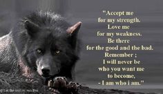 a black wolf laying on top of a rock next to a quote from the book, accept me for my strength