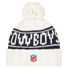 the new york giants knit beanie is shown in white and navy