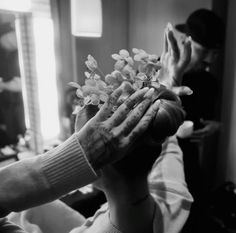 a woman is getting her hair done with flowers in front of her face and hands