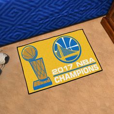 the golden state warriors have won the 2017 nba basketball championship door mat, which is on display in their bedroom