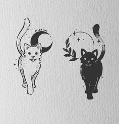 two black and white drawings of cats on paper