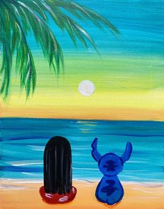 an acrylic painting of two people sitting on the beach under a palm tree