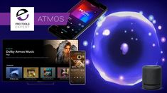 an image of a cell phone, speakers and other electronic devices with the words atmos next to it