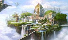 an artistic painting of a fantasy city in the sky with waterfalls and trees on it