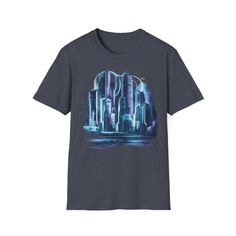 Futuristic t-shirt design featuring a cyberpunk cityscape with neon lights and holographic effects. Vibrant high-tech look using colors like light blue violet and white. Unisex Softstyle T-Shirt perfect for sci-fi and tech enthusiasts. See more items from this section here - https://www.etsy.com/shop/TerminatorproductArt?ref=seller-platform-mcnav&section_id=48632343 See the rest of my store here - https://www.etsy.com/shop/TerminatorproductArt?ref=seller-platform-mcnav The unisex soft-style t-shirt puts a new spin on casual comfort. Made from very soft materials, this tee is 100% cotton for solid colors. Heather colors and sports grey include polyester. The shoulders have twill tape for improved durability. There are no side seams. The collar is made with ribbed knitting to prevent curling Cyberpunk Graphic Print Short Sleeve Tops, Cyberpunk Short Sleeve Tops With Graphic Print, Cyberpunk Crew Neck T-shirt With Graphic Print, Cyberpunk Graphic Print Crew Neck T-shirt, Cyberpunk Cityscape, Neon Design, Blue Violet, Neon Lights, Neon Lighting