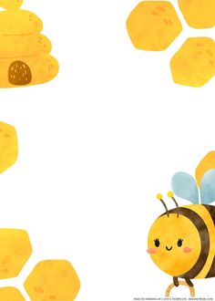 a drawing of a bee flying in the air next to some honeycombs with bees on them