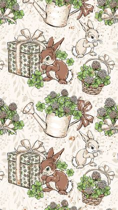 a pattern with rabbits and presents on it