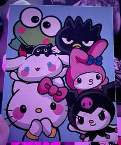 an image of hello kitty and other cartoon characters on a canvas with purple light in the background