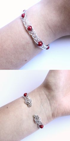 two different views of a woman's arm with red beads and silver bracelets