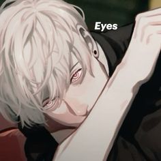 an anime character with white hair and red eyes holding his arm over his head while looking at the camera