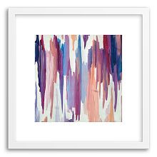 an abstract painting in pink, purple and blue colors with white frame on the wall