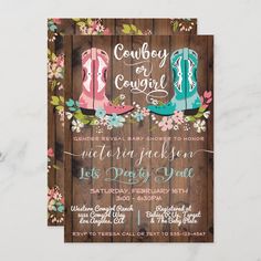 the cowboy baby shower is ready to be printed on wood and features pink flowers, blue boots