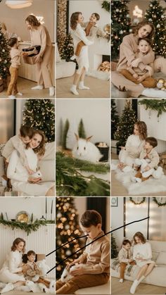 a collage of photos showing people and animals in their living room with christmas decorations on the walls