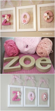 some pictures with yarn and numbers on them in different colors, including pinks and browns