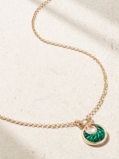 L'Atelier Nawbar's collections are filled with modern heirlooms. Handcrafted from 18-karat gold, this 'Circus Moon' necklace is strung with a small pendant that features a carved crescent-shaped malachite framed by a halo of diamonds and lustrous pearl at its center. Green Necklace, Small Pendant, Moon Necklace, Fine Jewellery Necklace, Multi Stone, Stone Necklace, Jewellery And Watches, Crescent, Circus