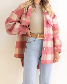 Pink Plaid Jacket, Plaid Jacket Women, Retro Coat, Casual Outwear, Loose Cardigan, Plaid Coat, Long Sleeves Coats, Woolen Coat, Plaid Jacket