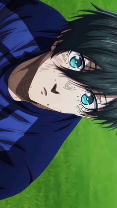 an anime character with black hair and blue eyes looking at the camera while standing in front of green grass