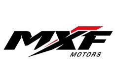 the m & f motors logo is shown in black and red on a white background