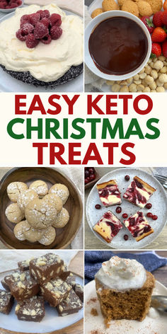 images of keto cake, keto fondue, keto cookies, keto cheesecake bars, keto fudge, and a keto cupcake Christmas Treats Recipes, Christmas Treat Recipes, Turtle Cookies Recipe, Thanksgiving Dessert Recipes, Holiday Treats Recipes, Low Carb Cookies Recipes, Recipes For Christmas, Keto Christmas Cookies, Yummy Christmas Treats