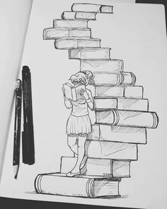 a pencil drawing of a girl standing on top of a stack of books holding a book