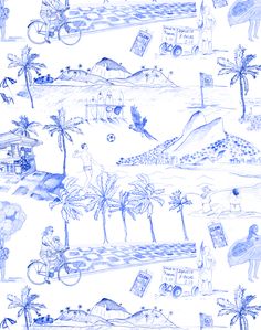 a blue and white drawing of different types of people on the beach with palm trees