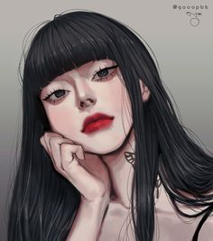 a drawing of a woman with long black hair and red lipstick on her face, looking at the camera