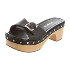 Black Saffiano Leather Prada Platform Slide Sandals With Studs At Sides, Wooden Heels And Buckle Closures At Tops. Heels: 2.5" Platforms: 1.5" Prada Slides, Platform Slide Sandals, Wooden Heels, Prada Saffiano, Platform Slides, Wooden Heel, Sandals For Women, Designer Sandals, Leather Slides