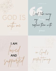 four different types of calligraphy with the words god is and i am loved and supported