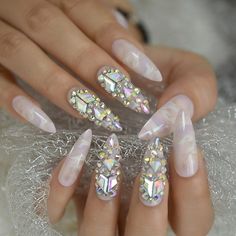 Pink Marble Rhinestone Long Stiletto Press On Nails Fake Nail Set French Stiletto, Ongles Bling Bling, Nail Type, Uv Nails, Glam Nails, Gradient Nails, Diamond Nails, Nail Length, Bling Nails